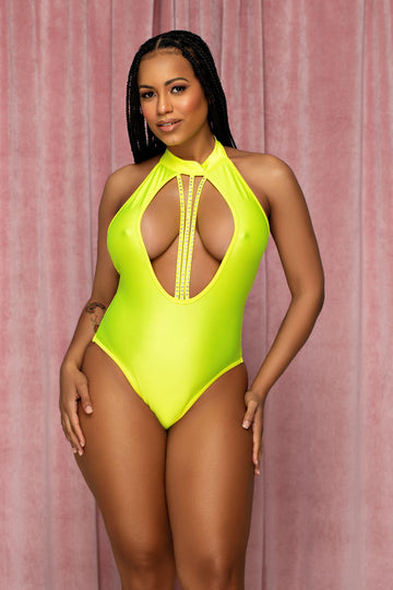 Body con tiras en forma de corazón y diamantes de imitación de color amarillo neón